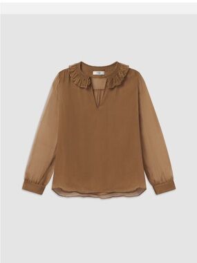 NWT Frame Denim 100% Silk Camel Shirred Ruffled Collar Long-Sleeve Lined Blouse